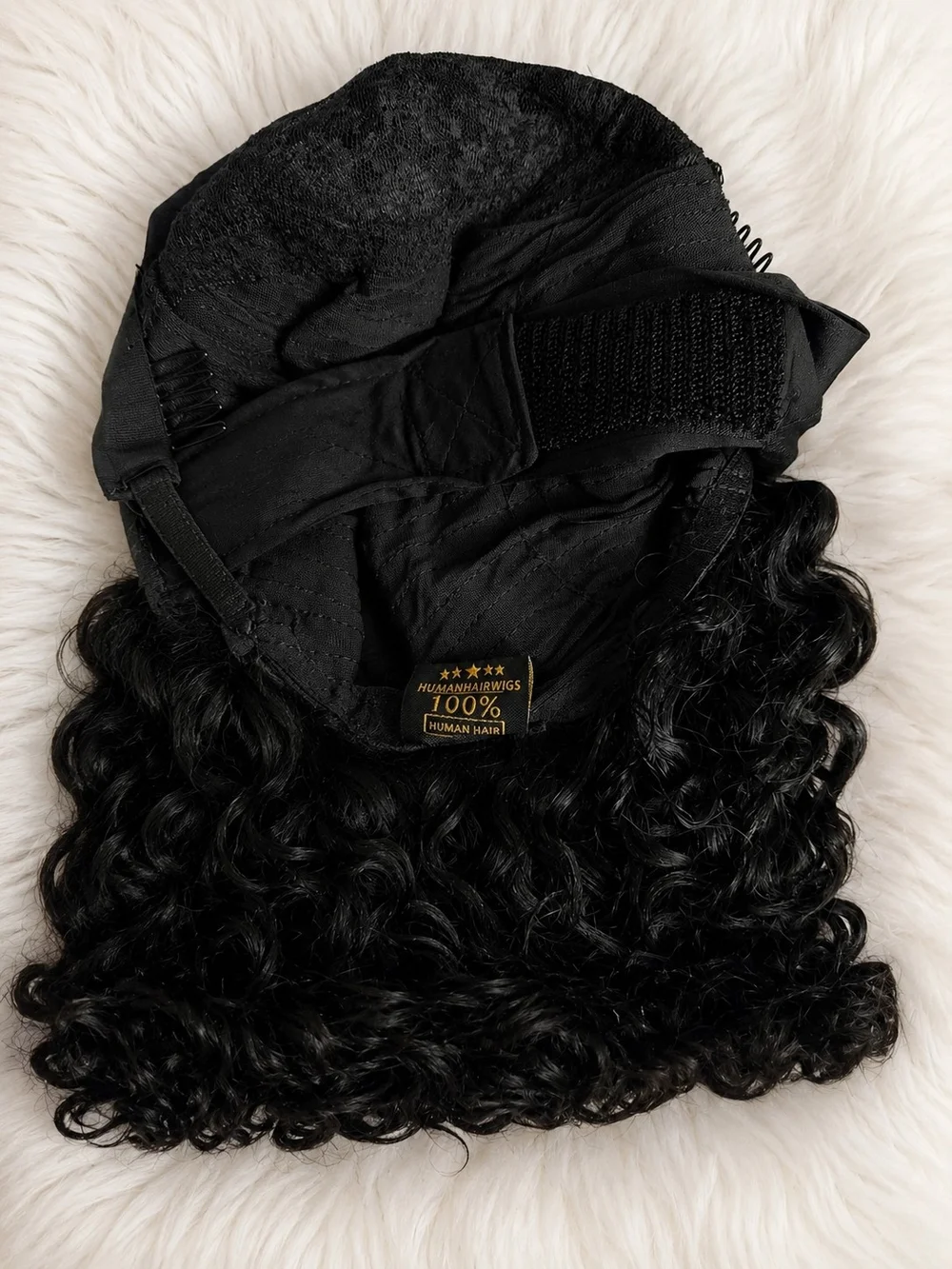 NEW 12” Black Curly Human Hair Wig Glueless Adjustable Cap + Wig Caps